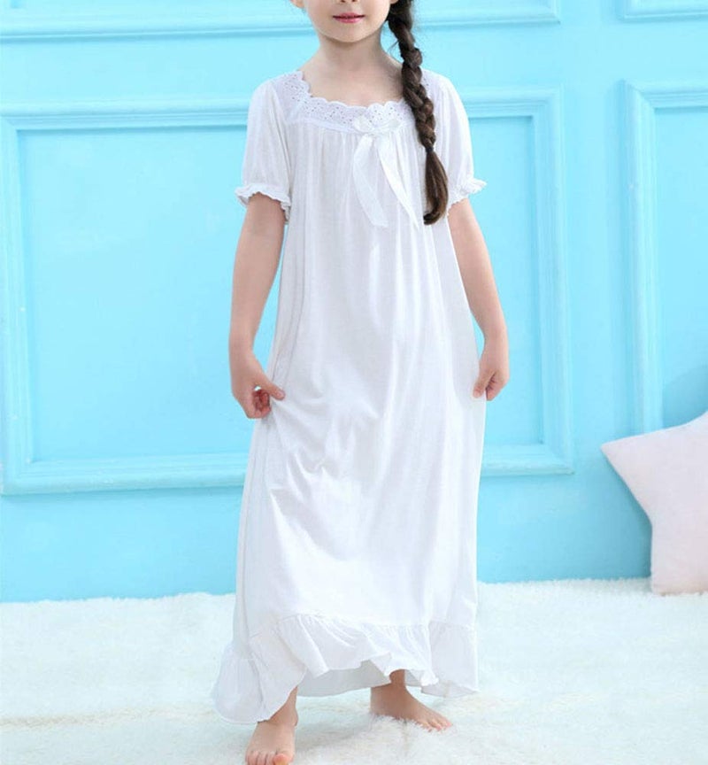 CHUNG Toddler Little Big Girls Modal Nightgowns Soft Princess Short Sleeve Round Square Neck Long Sleep Dress Vintageâ€¦ (130, 700 White) - Image 2